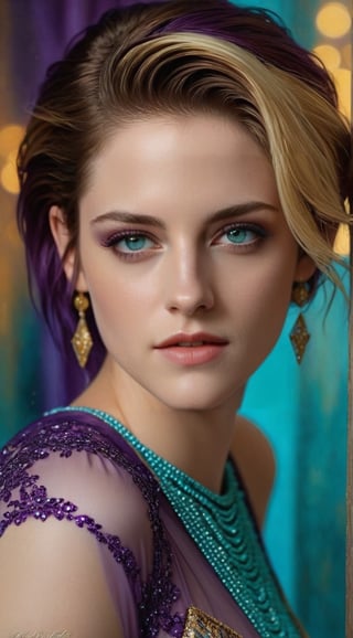 realistic half body portrait of a beautiful woman,alluring neighbor's wife,(Kristen Stewart),body model portrait,clear facial features,perfect body,perfect in every way,playful smirks,seductive eyes,elegant dress,(Purple,Turquoise,Gold,Cream colors),rule of thirds,chiaroscuro lighting,soft rim lighting,key light reflecting in the eyes,bokeh backdrop,painterly,by karol bak and gustav klimt,art_booster,real_booster