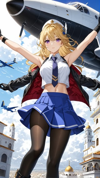 Hyper-Detailed Anime of Casablanca \(Azur Lane\),1girl, solo, long hair, breasts, looking at viewer, skirt, blonde hair, shirt, hair ornament, thighhighs, gloves, navel, bare shoulders, purple eyes, jacket, full body, white shirt, pantyhose, pleated skirt, boots, open clothes, necktie, sleeveless, black gloves, midriff, miniskirt, blue skirt, coat, black pantyhose, sleeveless shirt, floating hair, thigh boots, outstretched arms, aircraft, airplane, rigging,cluttered maximalism
BREAK
(rule of thirds:1.3),(thick drawing lines:1.3),perfect composition,studio photo,trending on artstation,(Masterpiece,Best quality,32k,UHD,sharp focus,high contrast,HDR,hyper-detailed,intricate details,ultra-clear:1.3),(cinematic lighting),by Karol Bak,Gustav Klimt and Hayao Miyazaki,ani_booster,real_booster,art_booster