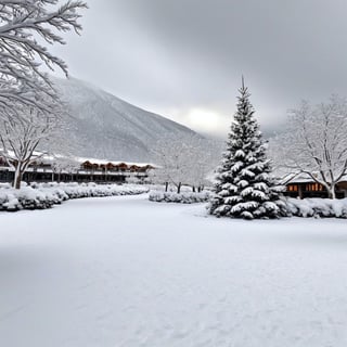 A realistic photo of resort center,snow,tree,winter resort1,hyper detailed,16K,HDR,hyper-realistic,sharp focus,high contrast