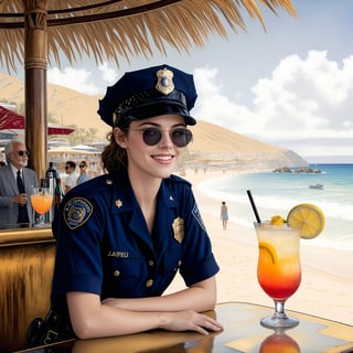 Hyper-Realistic photo of a beautiful LAPD police officer sitting in a cocktail bar on a beach,20yo,1girl,solo,LAPD police uniform,cap,detailed exquisite face,soft shiny skin,smile,looking at viewer,Kristen Stewart lookalike,cap,sunglasses,fullbody:1.3
BREAK
backdrop:cocktail bar,table,cocktail,beach,sky,boat,[cluttered maximalism]
BREAK
settings: (rule of thirds1.3),perfect composition,studio photo,trending on artstation,depth of perspective,(Masterpiece,Best quality,32k,UHD:1.4),(sharp focus,high contrast,HDR,hyper-detailed,intricate details,ultra-realistic,kodachrome 800:1.3),(cinematic lighting:1.3),(by Karol Bak$,Alessandro Pautasso$,Gustav Klimt$ and Hayao Miyazaki$:1.3),art_booster,photo_b00ster, real_booster