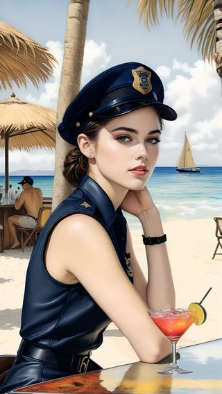 Hyper-Realistic photo of a beautiful LAPD police officer sitting in a cocktail bar on a beach,20yo,1girl,solo,LAPD police uniform,cap,detailed exquisite face,soft shiny skin,smile,looking at viewer,Kristen Stewart lookalike,cap,sunglasses,fullbody:1.3
BREAK
backdrop:cocktail bar,table,cocktail,beach,sky,boat,[cluttered maximalism]
BREAK
settings: (rule of thirds1.3),perfect composition,studio photo,trending on artstation,depth of perspective,(Masterpiece,Best quality,32k,UHD:1.4),(sharp focus,high contrast,HDR,hyper-detailed,intricate details,ultra-realistic,kodachrome 800:1.3),(cinematic lighting:1.3),(by Karol Bak$,Alessandro Pautasso$,Gustav Klimt$ and Hayao Miyazaki$:1.3),art_booster,photo_b00ster, real_booster