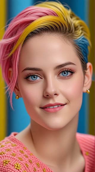 ((Hyper-realistic)) portrait of a sophisticated girl,20yo, (Kristen Stewart),alluring neighbor's wife,clear facial features,perfect female form,model body,playful smirks,bokeh backdrop,studio photo,(Coral Pink, Mustard Yellow, Grayish Blue color),trending on artstation,(Hyper-realistic photography,Masterpiece,HDR,Hyper-detailed,intricate details,Kodakchome 800,sharp focus,high contrast:1.3), close up,cinematic lighting,by Sakimichan,Yoji Shinkawa and Serafleur,real_booster, art_booster,H effect,more detail XL,<lora:659095807385103906:1.0>,<lora:659095807385103906:1.0>