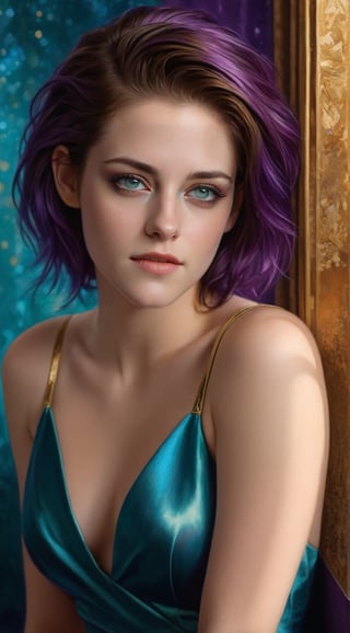 realistic half body portrait of a beautiful woman,alluring neighbor's wife,(Kristen Stewart),body model portrait,clear facial features,perfect body,perfect in every way,playful smirks,seductive eyes,elegant dress,(Purple,Turquoise,Gold,Cream colors),rule of thirds,chiaroscuro lighting,soft rim lighting,key light reflecting in the eyes,bokeh backdrop,painterly,by karol bak and gustav klimt,art_booster,real_booster