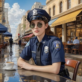 Hyper-Realistic photo of a beautiful LAPD police officer sitting in a cafe,20yo,1girl,solo,LAPD police uniform,cap,detailed exquisite face,soft shiny skin,smile,looking at viewer,Kristen Stewart lookalike,cap,sunglasses,fullbody:1.3
BREAK
backdrop:city street,table,coffee mug,sky,puddles,[cluttered maximalism]
BREAK
settings: (rule of thirds1.3),perfect composition,studio photo,trending on artstation,depth of perspective,(Masterpiece,Best quality,32k,UHD:1.4),(sharp focus,high contrast,HDR,hyper-detailed,intricate details,ultra-realistic,kodachrome 800:1.3),(cinematic lighting:1.3),(by Karol Bak$,Alessandro Pautasso$,Gustav Klimt$ and Hayao Miyazaki$:1.3),art_booster,photo_b00ster, real_booster