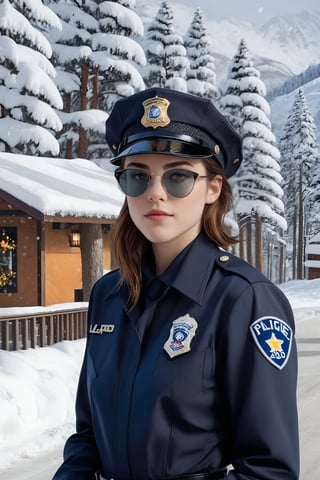 Hyper-Realistic photo of a beautiful LAPD police officer sitting in a winter resort,20yo,1girl,solo,LAPD police uniform,cap,detailed exquisite face,soft shiny skin,smile,looking at viewer,Kristen Stewart lookalike,cap,sunglasses,fullbody:1.3
BREAK
backdrop:winter resort house,snow,road,tree,[cluttered maximalism]
BREAK
settings: (rule of thirds1.3),perfect composition,studio photo,trending on artstation,depth of perspective,(Masterpiece,Best quality,32k,UHD:1.4),(sharp focus,high contrast,HDR,hyper-detailed,intricate details,ultra-realistic,kodachrome 800:1.3),(cinematic lighting:1.3),(by Karol Bak$,Alessandro Pautasso$,Gustav Klimt$ and Hayao Miyazaki$:1.3),art_booster,photo_b00ster, real_booster,w1nter res0rt