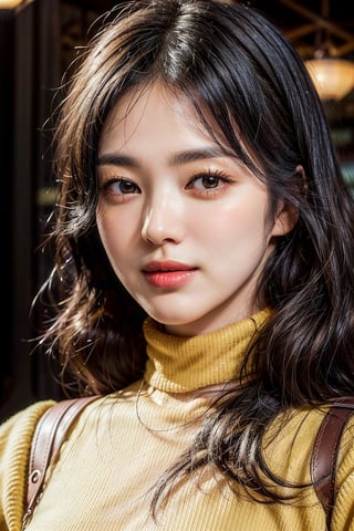 (masterpiece,best quality,ultra-detailed,8K,intricate, realistic),girl in snow park,gentle smile,black hair,(close-up),(yellow:1.3) high neck knit sweater,(colorful), rembrandt lighting,song-hyegyo