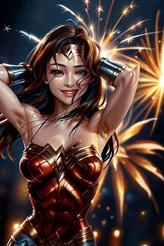 (masterpiece,best quality,8K,ultra-detailed), wonder_woman,fireworks elemental magic effect,realistic,christmas street,dancing,close-up,cinematic lighting,smile,hair blown by breeze,kwon-nara