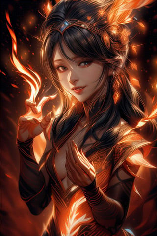 fire goddess dancing, waiving hands, fire elemental effect everywhere, detailed exquisite face, playful smirks, realistic, intricate, upper body, cinematic lighting, 1 girl, koh-yunjung