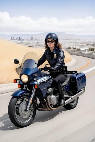 Hyper-Realistic photo of a beautiful LAPD police officer riding a police highway patrol motorcycle,20yo,1girl,solo,detailed exquisite face,soft shiny skin,lips,smile,looking at viewer,Kristen Stewart lookalike,LAPD police highway patrol uniform,helmet,sunglasses,fullbody:1.3 
BREAK backdrop:highway,bridge,city view,sky,[cluttered maximalism]
BREAK
settings: (rule of thirds1.3),perfect composition,studio photo,trending on artstation,depth of perspective,(Masterpiece,Best quality,32k,UHD:1.4),(sharp focus,high contrast,HDR,hyper-detailed,intricate details,ultra-realistic,kodachrome 800:1.3),(cinematic lighting:1.3),(by Karol Bak$,Alessandro Pautasso$,Gustav Klimt$ and Hayao Miyazaki$:1.3),art_booster,photo_b00ster, real_booster