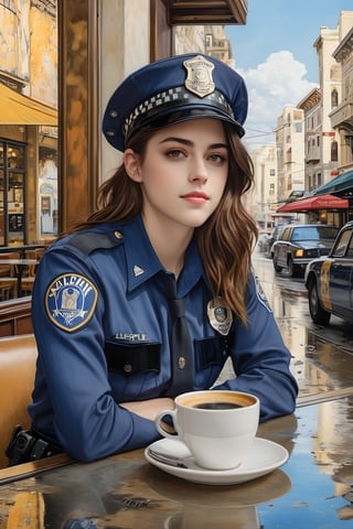 Hyper-Realistic photo of a beautiful LAPD police officer sitting in a cafe,20yo,1girl,solo,LAPD police uniform,cap,detailed exquisite face,soft shiny skin,smile,looking at viewer,Kristen Stewart lookalike,cap,sunglasses,fullbody:1.3
BREAK
backdrop:city street,table,coffee mug,sky,puddles,[cluttered maximalism]
BREAK
settings: (rule of thirds1.3),perfect composition,studio photo,trending on artstation,depth of perspective,(Masterpiece,Best quality,32k,UHD:1.4),(sharp focus,high contrast,HDR,hyper-detailed,intricate details,ultra-realistic,kodachrome 800:1.3),(cinematic lighting:1.3),(by Karol Bak$,Alessandro Pautasso$,Gustav Klimt$ and Hayao Miyazaki$:1.3),art_booster,photo_b00ster, real_booster