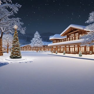 A realistic photo of resort center in winder resort1 at night,snow,tree,winter resort1,hyper detailed,16K,HDR,hyper-realistic,sharp focus,high contrast,trending on artstation,studio photo