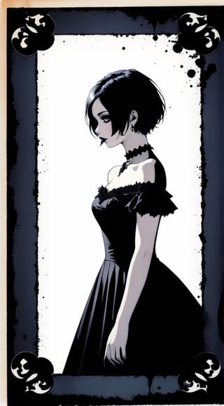 Ink background, black silhouette of gothic girl, edges, short hair, off-shoulder dress, polaroid effect, high detail, high contrast