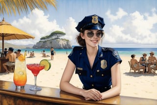 Hyper-Realistic photo of a beautiful LAPD police officer sitting in a cocktail bar on a beach,20yo,1girl,solo,LAPD police uniform,cap,detailed exquisite face,soft shiny skin,smile,looking at viewer,Kristen Stewart lookalike,cap,sunglasses,fullbody:1.3
BREAK
backdrop:cocktail bar,table,cocktail,beach,sky,boat,[cluttered maximalism]
BREAK
settings: (rule of thirds1.3),perfect composition,studio photo,trending on artstation,depth of perspective,(Masterpiece,Best quality,32k,UHD:1.4),(sharp focus,high contrast,HDR,hyper-detailed,intricate details,ultra-realistic,kodachrome 800:1.3),(cinematic lighting:1.3),(by Karol Bak$,Alessandro Pautasso$,Gustav Klimt$ and Hayao Miyazaki$:1.3),art_booster,photo_b00ster, real_booster