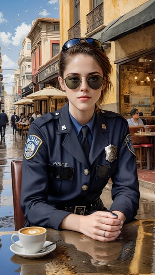 Hyper-Realistic photo of a beautiful LAPD police officer sitting in a cafe,20yo,1girl,solo,LAPD police uniform,cap,detailed exquisite face,soft shiny skin,smile,looking at viewer,Kristen Stewart lookalike,cap,sunglasses,fullbody:1.3
BREAK
backdrop:city street,table,coffee mug,sky,puddles,[cluttered maximalism]
BREAK
settings: (rule of thirds1.3),perfect composition,studio photo,trending on artstation,depth of perspective,(Masterpiece,Best quality,32k,UHD:1.4),(sharp focus,high contrast,HDR,hyper-detailed,intricate details,ultra-realistic,kodachrome 800:1.3),(cinematic lighting:1.3),(by Karol Bak$,Alessandro Pautasso$,Gustav Klimt$ and Hayao Miyazaki$:1.3),art_booster,photo_b00ster, real_booster