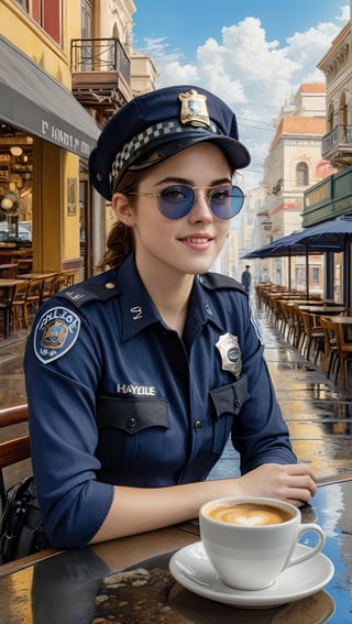 Hyper-Realistic photo of a beautiful LAPD police officer sitting in a cafe,20yo,1girl,solo,LAPD police uniform,cap,detailed exquisite face,soft shiny skin,smile,looking at viewer,Kristen Stewart lookalike,cap,sunglasses,fullbody:1.3
BREAK
backdrop:city street,table,coffee mug,sky,puddles,[cluttered maximalism]
BREAK
settings: (rule of thirds1.3),perfect composition,studio photo,trending on artstation,depth of perspective,(Masterpiece,Best quality,32k,UHD:1.4),(sharp focus,high contrast,HDR,hyper-detailed,intricate details,ultra-realistic,kodachrome 800:1.3),(cinematic lighting:1.3),(by Karol Bak$,Alessandro Pautasso$,Gustav Klimt$ and Hayao Miyazaki$:1.3),art_booster,photo_b00ster, real_booster