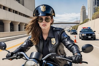 Hyper-Realistic photo of a beautiful LAPD police officer riding a police highway patrol motorcycle,20yo,1girl,solo,detailed exquisite face,soft shiny skin,lips,smile,looking at viewer,Kristen Stewart lookalike,LAPD police highway patrol uniform,helmet,sunglasses,fullbody:1.3 
BREAK backdrop:highway,bridge,city view,sky,[cluttered maximalism]
BREAK
settings: (rule of thirds1.3),perfect composition,studio photo,trending on artstation,depth of perspective,(Masterpiece,Best quality,32k,UHD:1.4),(sharp focus,high contrast,HDR,hyper-detailed,intricate details,ultra-realistic,kodachrome 800:1.3),(cinematic lighting:1.3),(by Karol Bak$,Alessandro Pautasso$,Gustav Klimt$ and Hayao Miyazaki$:1.3),art_booster,photo_b00ster, real_booster