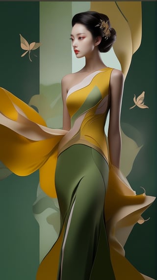 An elegant woman in photo studio,alluring neighbor's wife,perfect female form,sophisticated papercut technique,(Rosewood, Mustard Yellow, Olive Green, Fluttering Peach colors),ink in water for fabric,pastel tone,paper-connected digital art for fashion,unreal mysterious etheareal beauty in fashion,trending on artstation,head to waist sideshot,chairoscuro lighting,soft rim lighting,key light reflecting in the eyes,real_booster,art_booster