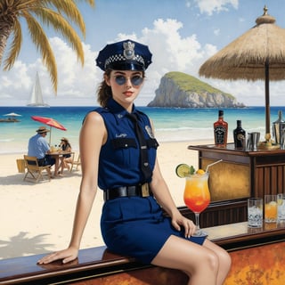 Hyper-Realistic photo of a beautiful LAPD police officer sitting in a cocktail bar on a beach,20yo,1girl,solo,LAPD police uniform,cap,detailed exquisite face,soft shiny skin,smile,looking at viewer,Kristen Stewart lookalike,cap,sunglasses,fullbody:1.3
BREAK
backdrop:cocktail bar,table,cocktail,beach,sky,boat,[cluttered maximalism]
BREAK
settings: (rule of thirds1.3),perfect composition,studio photo,trending on artstation,depth of perspective,(Masterpiece,Best quality,32k,UHD:1.4),(sharp focus,high contrast,HDR,hyper-detailed,intricate details,ultra-realistic,kodachrome 800:1.3),(cinematic lighting:1.3),(by Karol Bak$,Alessandro Pautasso$,Gustav Klimt$ and Hayao Miyazaki$:1.3),art_booster,photo_b00ster, real_booster