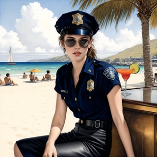 Hyper-Realistic photo of a beautiful LAPD police officer sitting in a cocktail bar on a beach,20yo,1girl,solo,LAPD police uniform,cap,detailed exquisite face,soft shiny skin,smile,looking at viewer,Kristen Stewart lookalike,cap,sunglasses,fullbody:1.3
BREAK
backdrop:cocktail bar,table,cocktail,beach,sky,boat,[cluttered maximalism]
BREAK
settings: (rule of thirds1.3),perfect composition,studio photo,trending on artstation,depth of perspective,(Masterpiece,Best quality,32k,UHD:1.4),(sharp focus,high contrast,HDR,hyper-detailed,intricate details,ultra-realistic,kodachrome 800:1.3),(cinematic lighting:1.3),(by Karol Bak$,Alessandro Pautasso$,Gustav Klimt$ and Hayao Miyazaki$:1.3),art_booster,photo_b00ster, real_booster