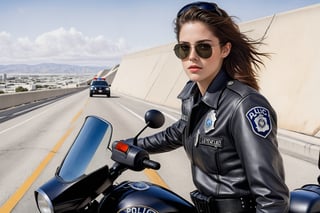 Hyper-Realistic photo of a beautiful LAPD police officer riding a police highway patrol motorcycle,20yo,1girl,solo,detailed exquisite face,soft shiny skin,lips,smile,looking at viewer,Kristen Stewart lookalike,LAPD police highway patrol uniform,helmet,sunglasses,fullbody:1.3 
BREAK backdrop:highway,bridge,city view,sky,[cluttered maximalism]
BREAK
settings: (rule of thirds1.3),perfect composition,studio photo,trending on artstation,depth of perspective,(Masterpiece,Best quality,32k,UHD:1.4),(sharp focus,high contrast,HDR,hyper-detailed,intricate details,ultra-realistic,kodachrome 800:1.3),(cinematic lighting:1.3),(by Karol Bak$,Alessandro Pautasso$,Gustav Klimt$ and Hayao Miyazaki$:1.3),art_booster,photo_b00ster, real_booster