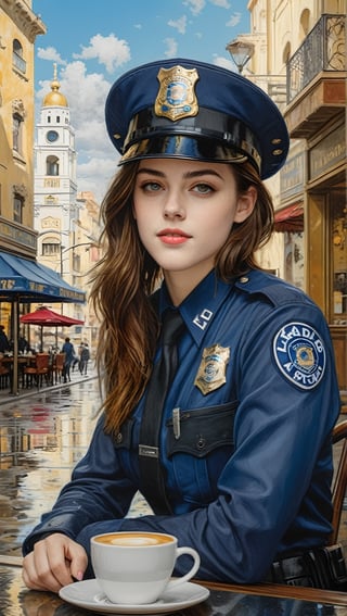 Hyper-Realistic photo of a beautiful LAPD police officer sitting in a cafe,20yo,1girl,solo,LAPD police uniform,cap,detailed exquisite face,soft shiny skin,smile,looking at viewer,Kristen Stewart lookalike,cap,sunglasses,fullbody:1.3
BREAK
backdrop:city street,table,coffee mug,sky,puddles,[cluttered maximalism]
BREAK
settings: (rule of thirds1.3),perfect composition,studio photo,trending on artstation,depth of perspective,(Masterpiece,Best quality,32k,UHD:1.4),(sharp focus,high contrast,HDR,hyper-detailed,intricate details,ultra-realistic,kodachrome 800:1.3),(cinematic lighting:1.3),(by Karol Bak$,Alessandro Pautasso$,Gustav Klimt$ and Hayao Miyazaki$:1.3),art_booster,photo_b00ster, real_booster