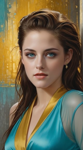 realistic half body portrait of a beautiful woman,alluring neighbor's wife,(Kristen Stewart),body model portrait,clear facial features,perfect body,perfect in every way,playful smirks,seductive eyes,elegant dress,(Turquoise, Baby Blue, Mustard Yellow, Gray colors),rule of thirds,chairoscuro lighting technique,soft rim lighting,key light reflecting in the eyes,bokeh backdrop,painterly,by karol bak and gustav klimt,art_booster,real_booster