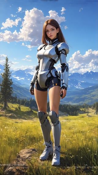 ((Hyper-Realistic)) photo of a cyborg girl standing in lamar valley of Yellowstone,20yo,American girl,clear facial features,model body,detailed hair,vibrant colors,perfect body proportions,(highly detailed form-fitting mecha armor),(backdrop:lamarva11ey,outdoors,sky,day, cloud,tree,cloudy sky,grass,nature, beautiful scenery,mountain,winding road,landscape, american bisons,(girl focus)
BREAK 
anime vibes,(fullbody wide shot),rule of thirds,studio photo,(masterpiece,sharp focus,high contrast,HDR, trending on artstation,8K,Hyper-detailed,intricate details,hyper realistic:1.3),cinematic lighting,by Karol Bak, Alessandro Pautasso, Hayao Miyazaki,Ye11owst0ne,ek_real_b00ster,ek_photo_booster