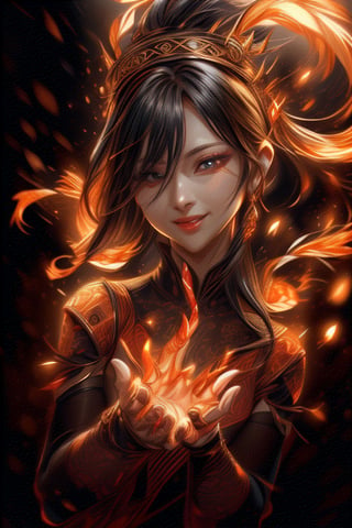 fire goddess dancing, walking, waiving hands, fire elemental effect everywhere, detailed exquisite face, winking eyes, smile, realistic, intricate, upper body, cinematic lighting, 1 girl, koh-yunjung