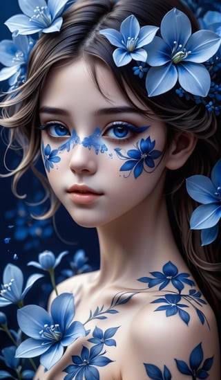 a beautiful picture of a very young girl with blue flowers on her face, in the style of monochromatic paintings, dark sky-blue and dark navy, dark sky-blue and dark white, multilayered realism, luminous shadowing, anime-inspired, elegant outlines ,naked, full_body 