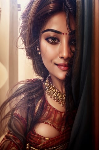 Ultrarealistic, 1girl, gentle bold features, seductive, bold, perfecct milf figure, tight breasts, , fantasy background, cinematic shot, resha, resha, Indian, smile, dimple, Btflindngds, 