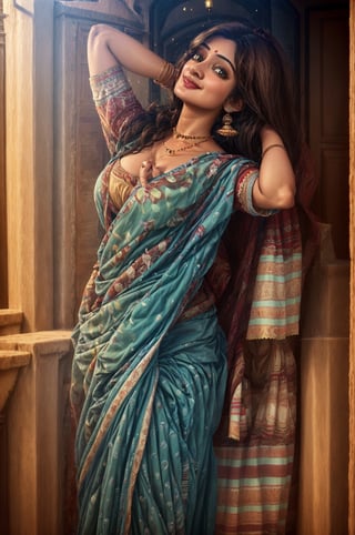 Ultrarealistic, 1girl, gentle bold features, seductive, bold, perfecct milf figure, tight breasts, , fantasy background, cinematic shot, resha, resha, Indian, smile, dimple, Btflindngds, 