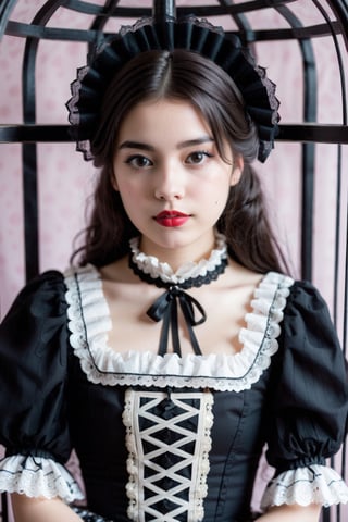 ((upper body))european traditional attire, and Gothic Lolita fashion, featuring a whimsical blend of intricate embroidery, lace, and Victorian-inspired elements,25 year old girl in a cage, looking at the camera