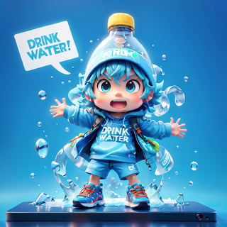 Pixar animation of a bottle of water standing next to gaming computer screen, desperate face, , holding sign (text: drink more water!),Sneakers Design,grbtw artstyle,chibi