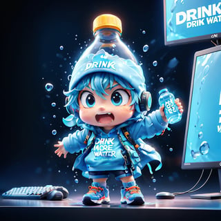 Pixar animation of a bottle of water standing next to gaming computer screen, desperate face, , holding sign (text: drink more water!),Sneakers Design,grbtw artstyle,chibi