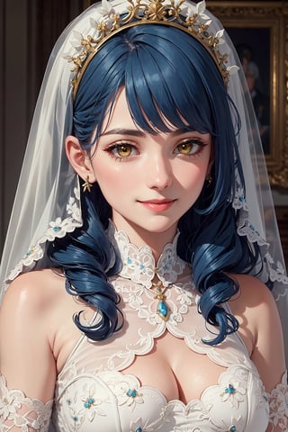 masterpiece, best quality, wedding dress, elegant, vintage style, lace element, fashion, intricate details, geometric shape, hexagonal patterns, intricate details, vintage era, Victorian style, vibrant, highly detailed, blue hair, very long hair, yellow eyes, perfect face, detailed eyes, smiling, 