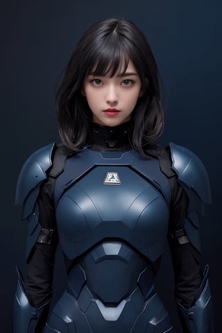 masterpiece, best quality, aesthetic, official art, ultrares, (dark blue background : 1.2), female, detailed face and eyes, black eyes, upper body, fair skin, medium hair, ash hair, messy plaid, parted bangs, high fashion, model photoshoot, futuristic armor suit with vintage touch, 