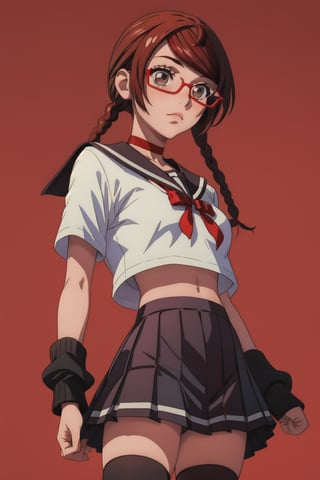 pastel colors, kawaii, cute, colorful, masterpiece, best quality, detailed illustration, 1girl, solo, misakisakimiya, school uniform, serafuku, glasses, brown hair, (twin braids:1.2), red-framed eyewear, choker, short sleeves, black skirt, pleated skirt, miniskirt, red ribbon, black thighhighs, red background, simple background,