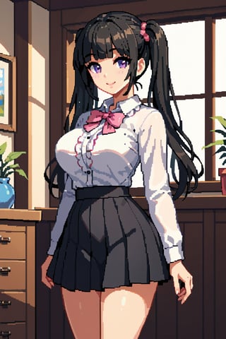 score_9, score_8_up, score_7_up, 1girl, black hair, purple eyes, long hair, (twintails:1.2), blunt bangs, cute skirt, black skirt, (large breasts:0.8), pleated skirt, smile, frilled shirt, white shirt, himecut, older sister, standing, indoors, (two side up:0.4)