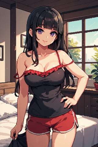 score_9, score_8_up, score_7_up, 1girl, black hair, purple eyes, long hair, blunt bangs, spaghetti_strap, black dress, (large breasts:0.7), smile, frilled camisole, single strap slip, himecut, off shoulder, red sports shorts, standing, hand on own hips, indoors