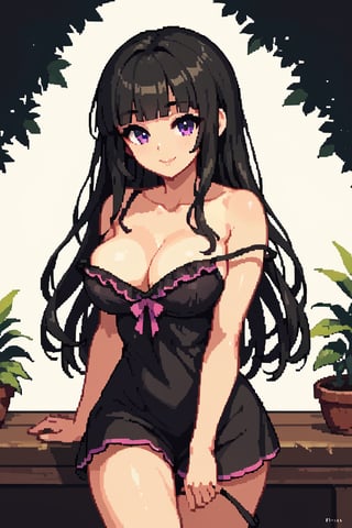 score_9, score_8_up, score_7_up, 1girl, black hair, purple eyes, long hair, blunt bangs, spaghetti_strap, black dress, (large breasts:0.7), smile, frilled camisole, single strap slip, himecut, off shoulder, shorts