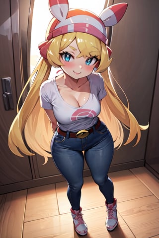 masterpiece, best quality, highres, absurdres, (soft lighting, dynamic lighting:0.8), full body, 1girl, milf, solo, busty, curvy, from above, smile, blush, arms behind back, sexy, stunning eyes, stunning face, cleavage, petite, lana /(pokemon/), taut shirt, skinny jeans, thin white belt