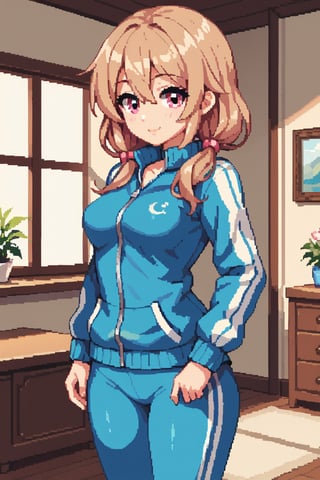 best quality, masterpiece, score_9, score_8_up, score_7_up, 1girl,  light brown hair, pink eyes, sidelocks, hair between eyes, track_suit, (small breasts:0.8), low_twintails, medium hair, cute smile, indoors, living room, track_jacket, pants,