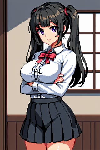 score_9, score_8_up, score_7_up, 1girl, black hair, purple eyes, long hair, (twintails:1.2), blunt bangs, cute skirt, black skirt, (large breasts:0.8), pleated skirt, smile, frilled shirt, white shirt, himecut, older sister, standing, indoors, (two side up:0.4), crossed arms, arms under boobs