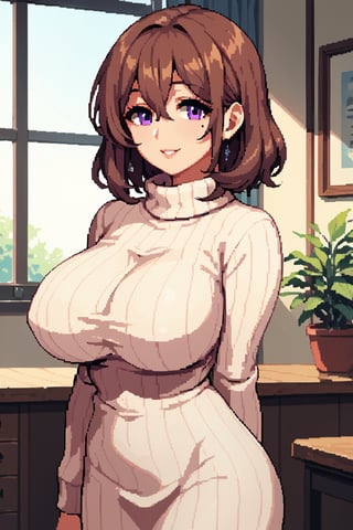 score_9, score_8_up, score_7_up, 1girl, short_hair, mature femle, brown hair, purple eyes, bangs, hair between eyes, mole under eye, turtleneck sweater, dress sweater, (huge breasts:0.8), eyelashes, medium hair, short hair, gentle smile, large breasts, indoors