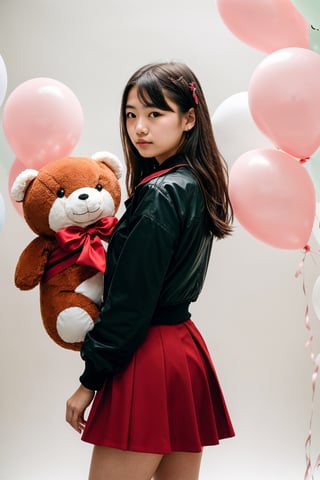 fashion portrait photo, a beautiful young girl,  Japanese girl, 17 years old, taken on a hasselblad medium format camera, wearing a red skirt and black mesh jacket standing in the middle of a ton of white balloons, holding a huge stuffed animal toy, 