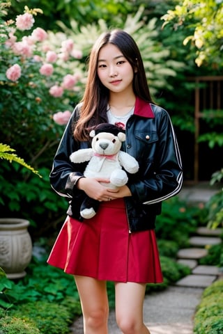 fashion portrait photo, a beautiful young girl,  Japanese girl, 17 years old, taken on a hasselblad medium format camera, wearing a red skirt and black mesh jacket standing in a floral backyard, holding a huge stuffed animal toy, 