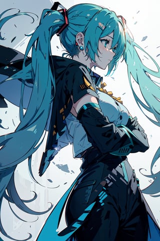 ((Hatsune Miku)),( from below 1.4) (Detailed illustrations, very detailed and precise drawings, delicate drawn lines with slow and fast movements, realistic texture expression), [Main lines drawn in color], [path [tree-lined path ] (mansion)], (milf, adult), mature, ponytail, belt, long black pants, buttons, cape, earrings, (white sleeveless top inside) epaulets, gloves, military, military uniform, boots up to the thigh, uniform, white gloves, ponytail, arms crossed, big breasts,