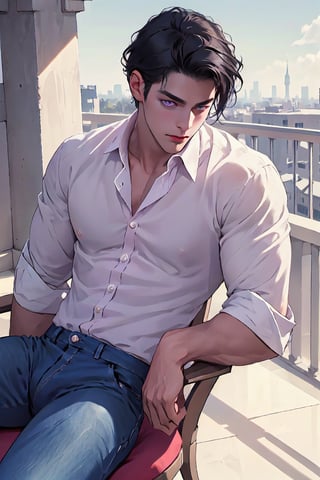 Masterpiece, Best Quality, (8k resolution), (ultra-detailed), perfection, adult man,1man, handsome, male, black hair, purple eyes, korean, fit, blue_jeans, pastel_pink_blouse, relaxing in an egg chair on a balcony, slender