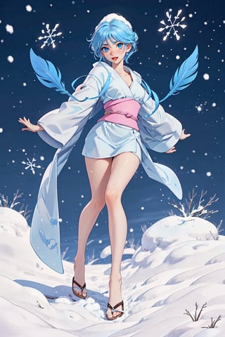 Yukime, snow Woman, atmospheric scene,  masterpiece,  best quality,  (detailed face, sweet eyes, detail skin texture,  ultra-detailed body, fullbody),  (cinematic light:1.1), r0seb7rne-smf | light blue hair, short blue hair
((1girl)), short blue hair (blue eyes), white dress, pink bun, sexy body, Joy facial expresión, colorful background, apocalyptic fantasy landscape, science fiction, cinematic blur, dynamic lights.,witch, (black eye iris) blue  eyes, full body, white skin, snow ing battlefield, dark sky, blue clouds, blue feather coat, big coat, elegant nudity