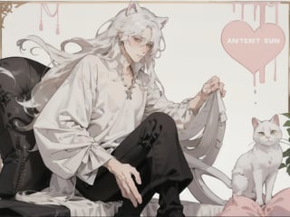 male gender,  man,  boy,  male,  1 man, 1guy, shy, pink blush on eyes and face,  full_body,  white hair,  long boy hair,  long hair man,  white shirt half open, black pants, can see legs, white cat ears, 1guy, oil painting